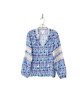 Stella Parker Collection Blue White Floral Lace Peasant Blouse Top XXL Rayon